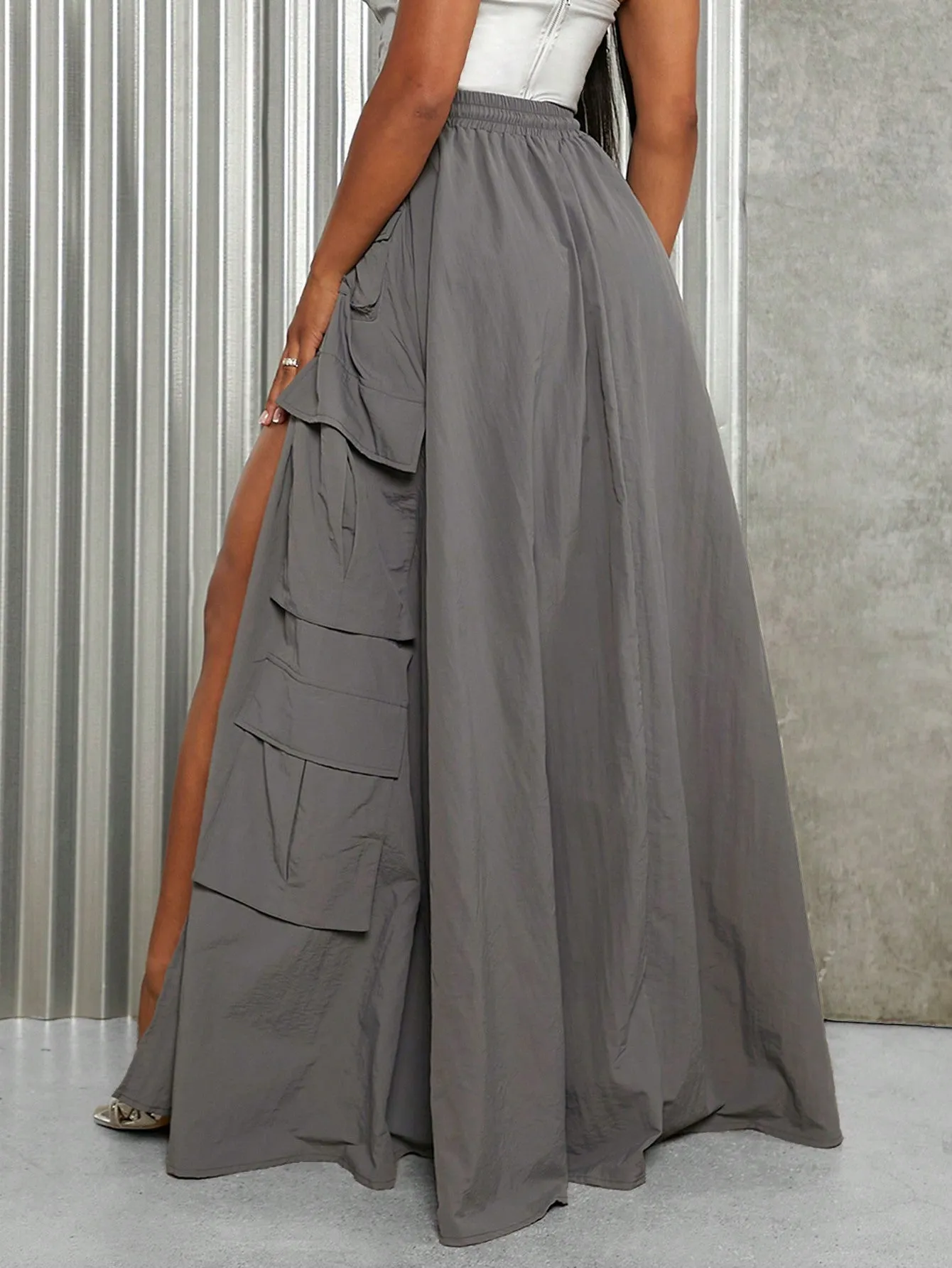 Split Thigh Drawstring Waist Cargo Maxi Skirt