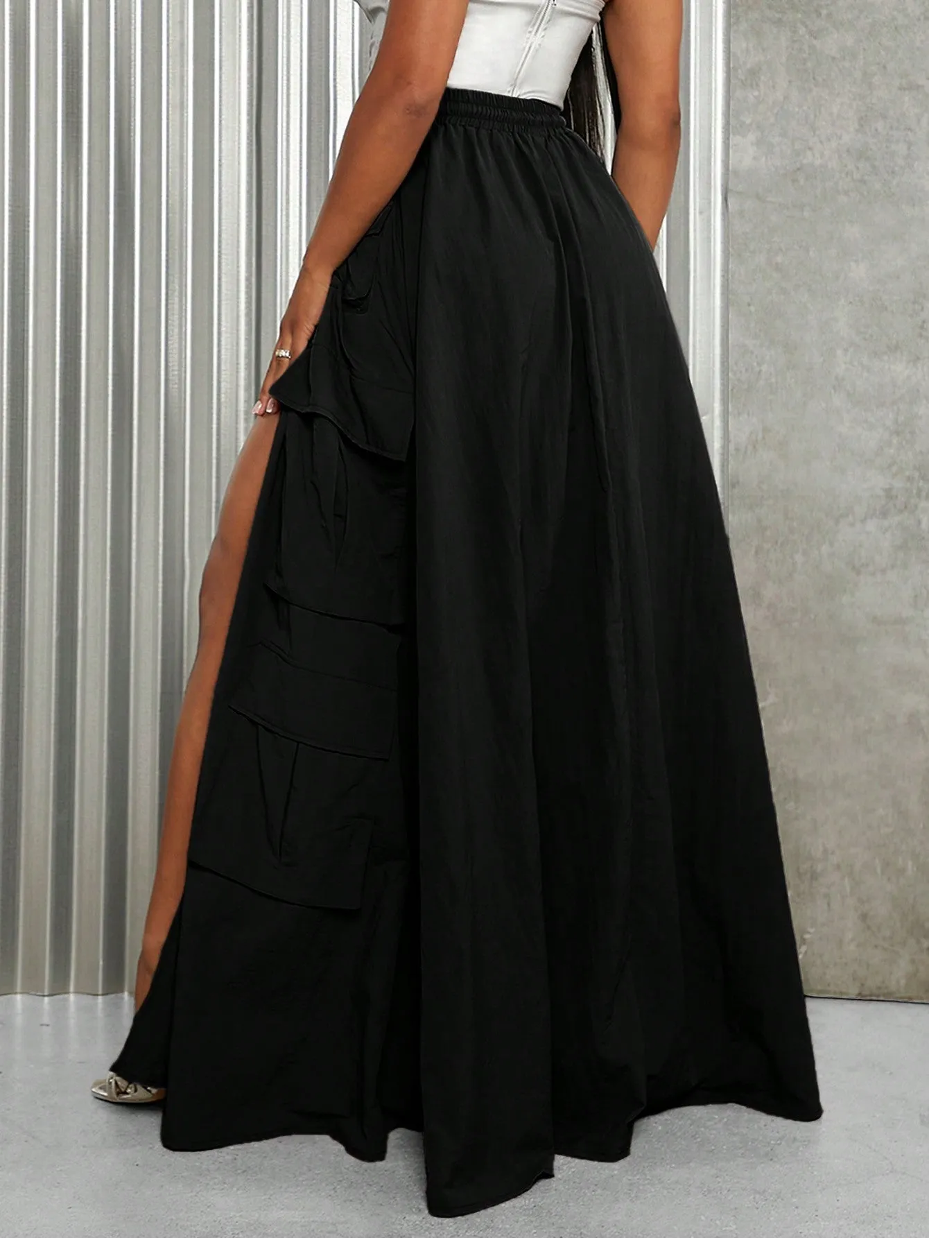 Split Thigh Drawstring Waist Cargo Maxi Skirt