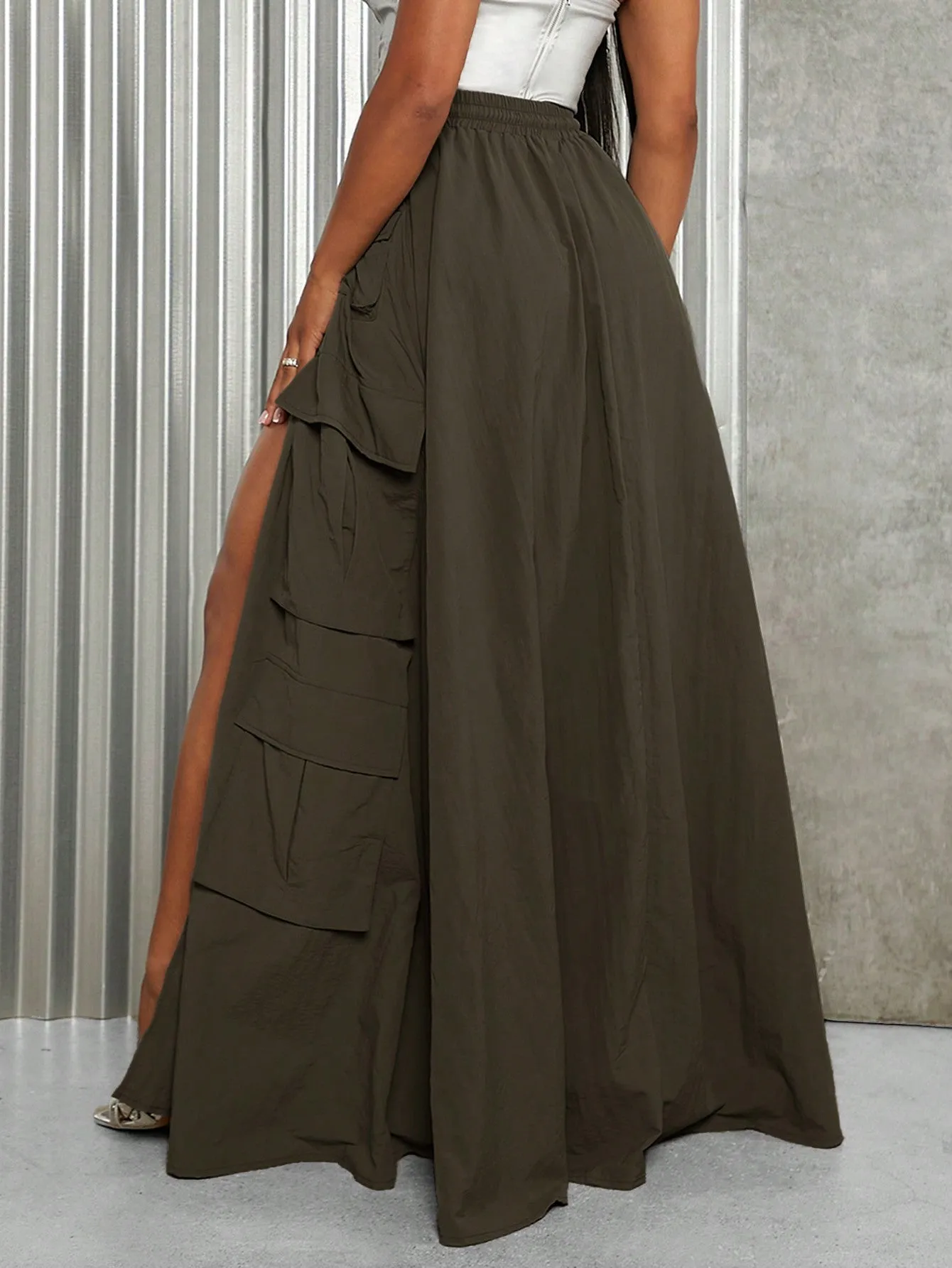 Split Thigh Drawstring Waist Cargo Maxi Skirt