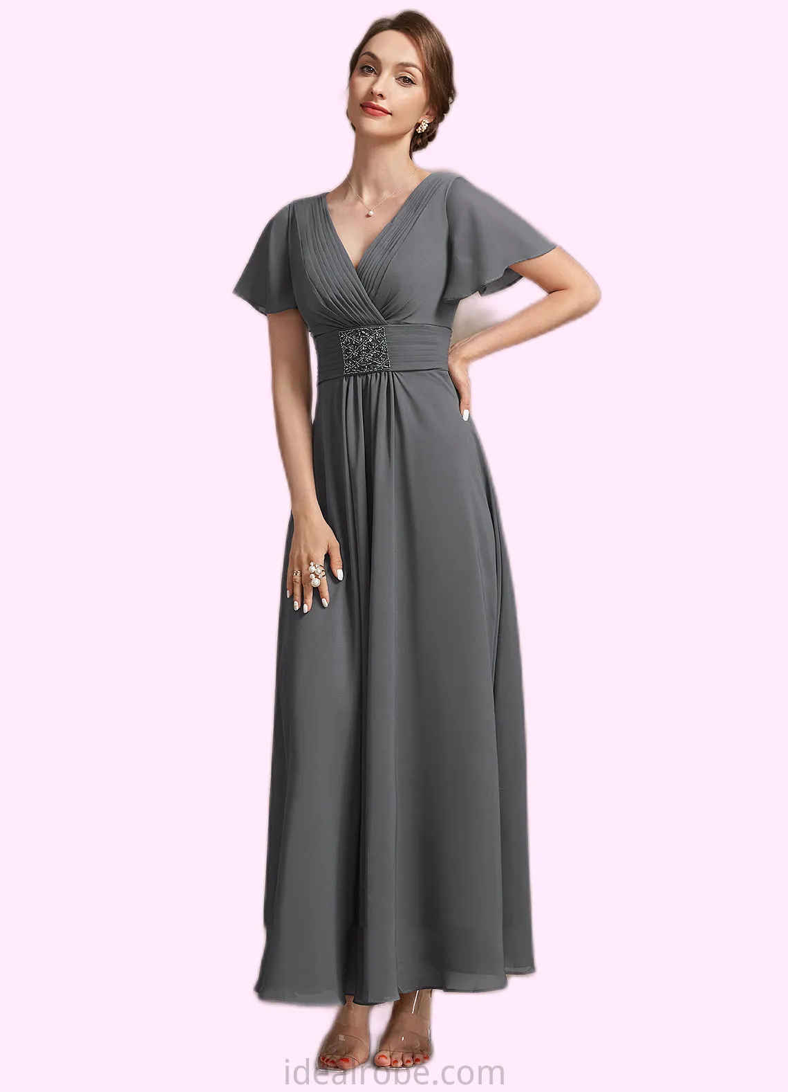 Zoey A-Line V-neck Ankle-Length Chiffon Mother of the Bride Dress With Ruffle Beading STK126P0014709